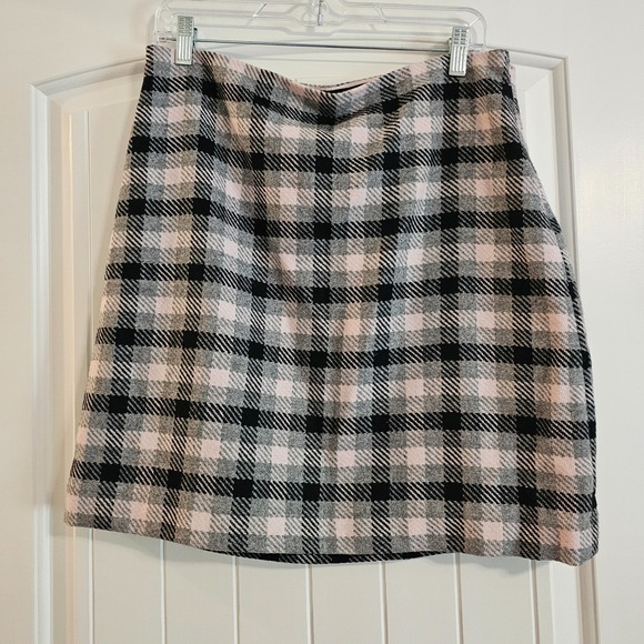 Talbots Dresses & Skirts - Talbots Plaid Mini Skirt Womens 12P Pink Grey Wool Blend Tweed A-Line NWT